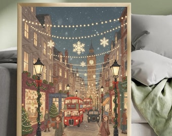 Vintage Dorf Print, Weihnachten Digital Kunst | Nostalgische Winterstraße (Instant Download)