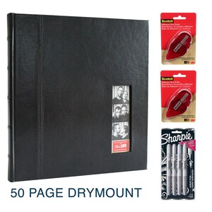 May include: Black leather photo album with 50 pages, a window for a photo, and the text "LIFE" on the front. The album is accompanied by two red Scotch adhesive dot rollers and a pack of four silver Sharpie metallic markers.