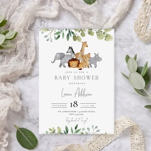 Animals With Greenery Safari Themed Baby Shower Invitation | Personalized Digital Download