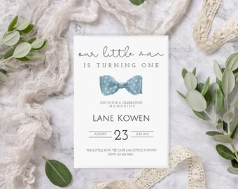 Blue Polk-A-Dot Bow tie “Our Little Man is One” Birthday Invitation | Personalized Digital Download