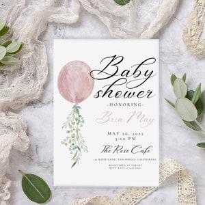 Girl Baby Shower Balloon Invitation with Green Foliage | Personalized Digital Download
