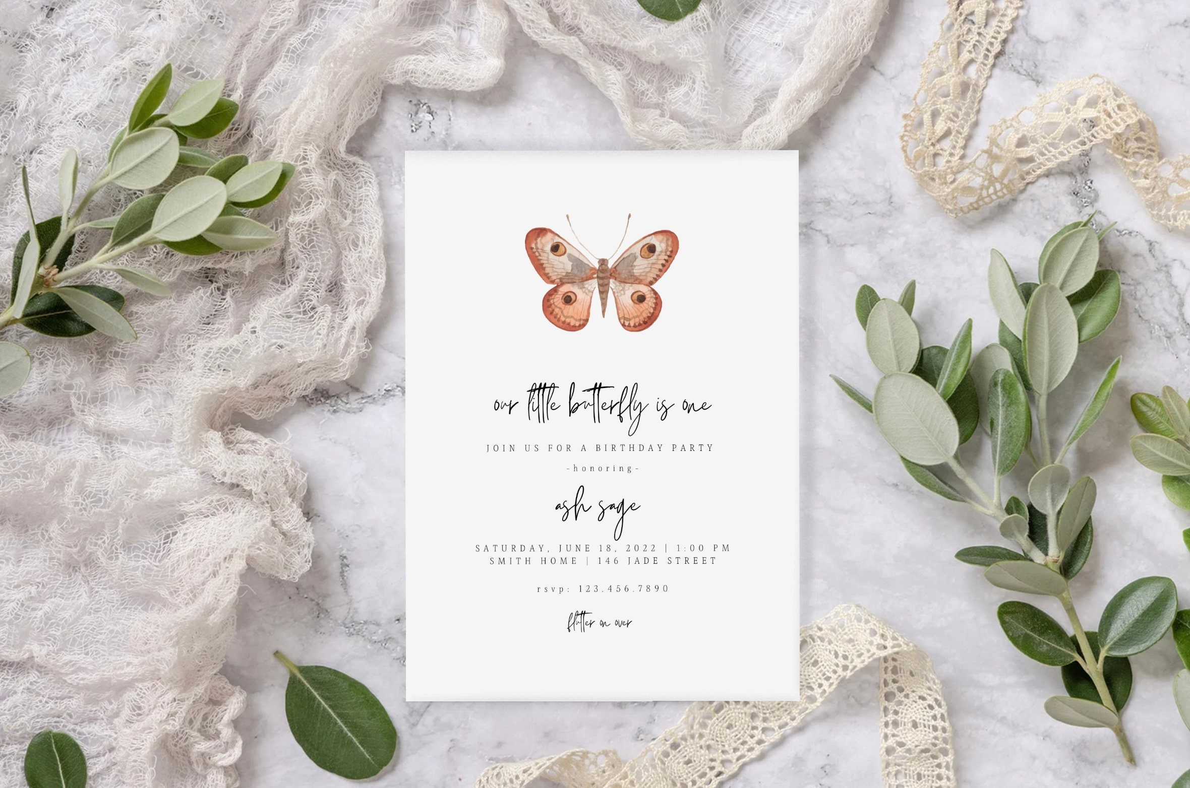 Girls 1st Birthday “Flutter on Over” Birthday Party Invitation | Personalized Digital Download