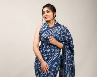 Bedruckter, farbblockierter, handgewebter Jaipuri-Sari aus reiner Baumwolle mit angenähter, nicht genähter Saree-Bluse, Geschenk für Sie,