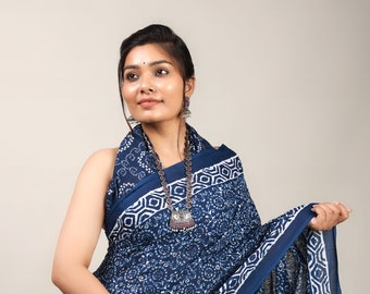 Saris Handgearbeitete Bagru Print Saree, reine Baumwolle Malmal Saree mit dunkelblauen Farbdrucken, Baumwolle Saree, Sari, Hochzeit Sari, kostenloser Versand