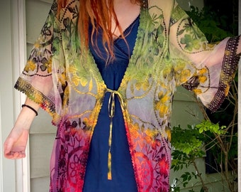 Rasta Lace Tie Dye Kimono Duster: Festival Witch Robe