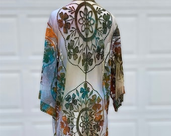 Lace Tie Dye Kimono Duster: Green Brown Festival Robe