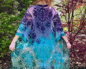Lace Tie Dye Kimono Duster: Purple Teal Festival Robe
