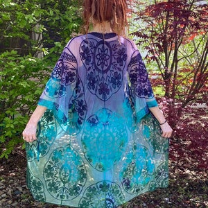 Lace Tie Dye Kimono Duster: Purple Teal Festival Robe