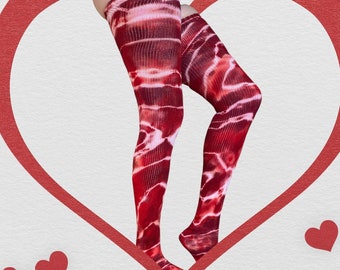 May include: Red and white tie-dye thigh-high socks with a wavy pattern.