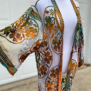 Green and Brown Lace Tie Dye Duster Kimono- Custom- Witch Robe- Festival Kimono- Cardigan- Jacket- Robe- Swimsuit Coverup- Tie dye Kimono