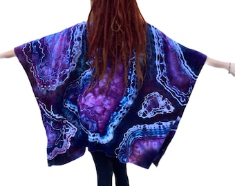 Cache-poussière kimono violet tie-dye géode : caftan en coton