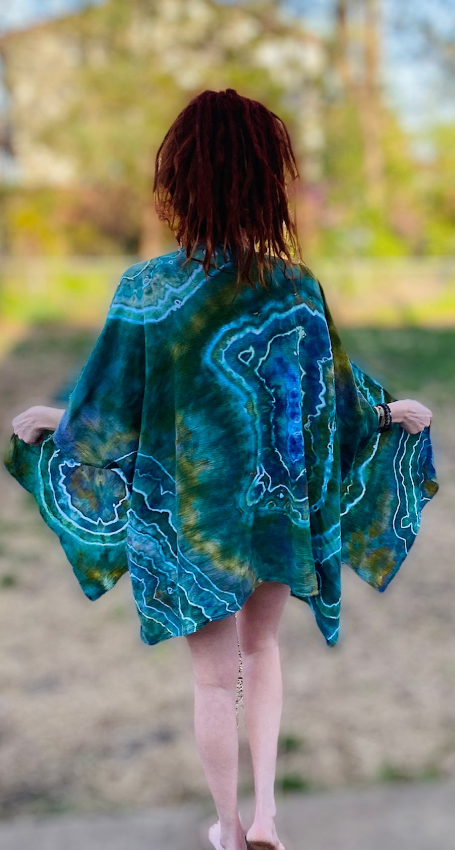 Kimono bleu sarcelle jade tie-dye : caftan peignoir en gaze de coton