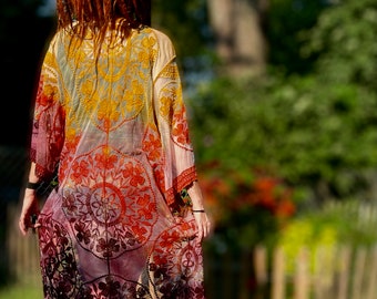 Lace Tie Dye Kimono Duster: Rust, Gold, and Brown Festival Robe