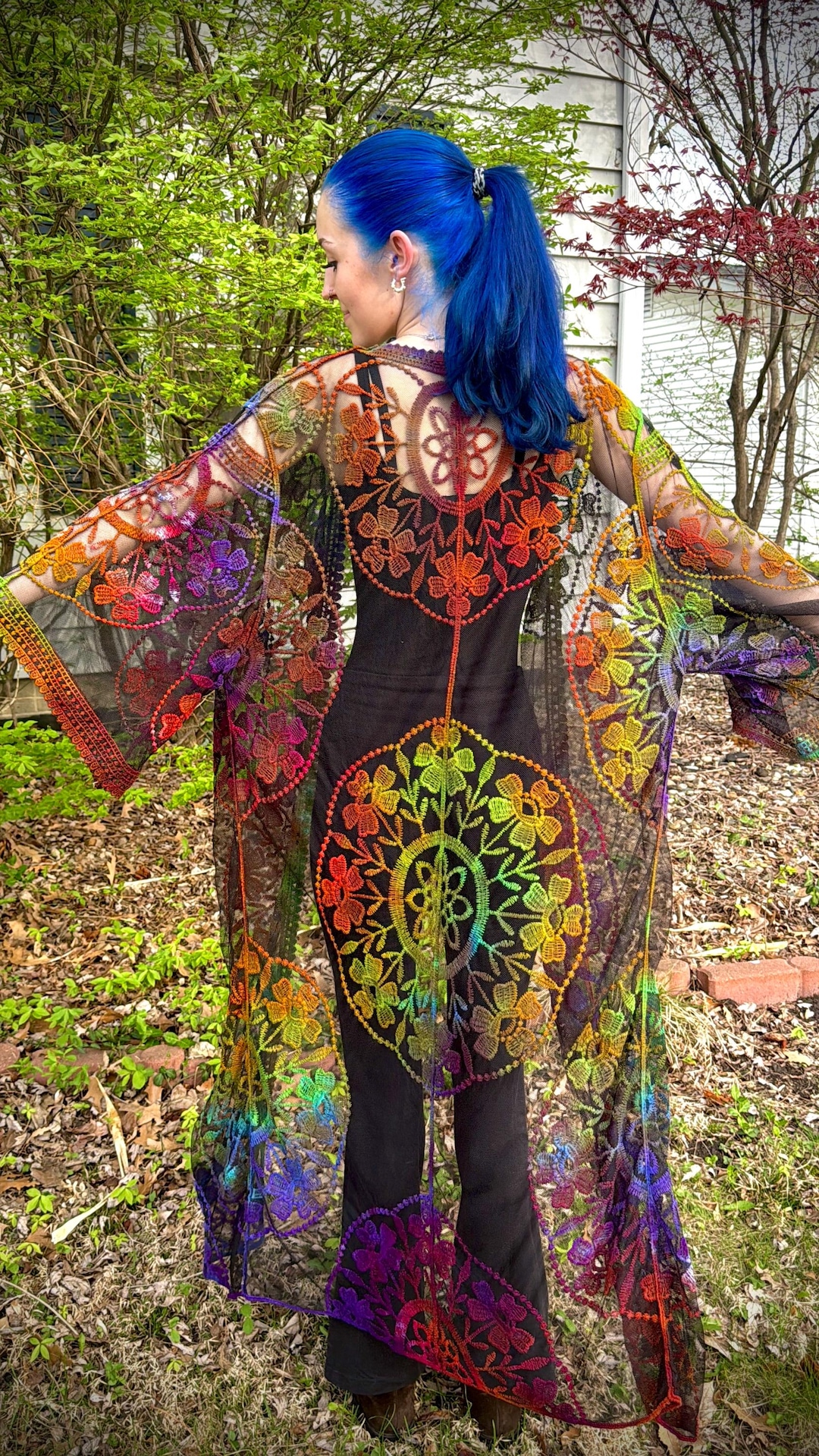 Rainbow Rbe Rainbow Lace Tie-dye Kimono Robe: Boho Festival Duster, Beach Coverup ...