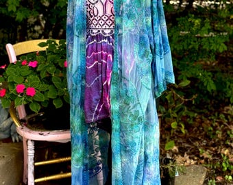 Lace Tie Dye Kimono Duster: Purple & Green Festival Robe