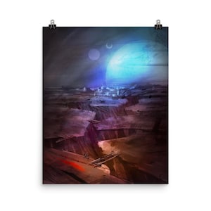 May include: A digitally painted landscape print featuring a celestial scene with a large blue planet and a smaller moon in a dark sky. The foreground depicts a canyon with a bridge and a red streak of light.