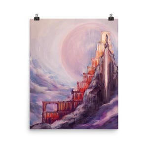 May include: A print of an abstract painting depicting a tiered structure on a mountain, bathed in warm light. The artwork features a color palette of reds, oranges, and purples, with a soft, pinkish-orange orb in the background.