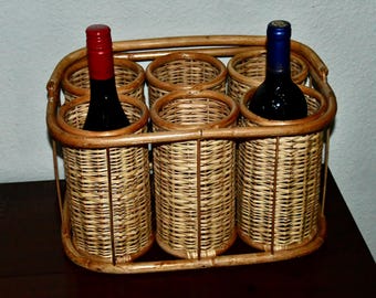 Vintage Wicker Bamboo Wine Bottle Carrier, Holder