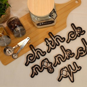 May include: A set of four black cookie cutters shaped like the words "ch" "th" "nk" and "sh" on a wooden chopping board with a glass jar of flour, two glass jars with lids, and measuring spoons.
