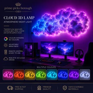 May include: A wall-mounted cloud 3D lamp emitting a vibrant purple and blue glow. The text reads Prime Picks Borough Cloud 3D Lamp Atmosphere Night Light, highlighting features like color changing, adjustable brightness, and remote control.