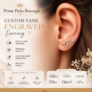 Op de afbeelding: Een goudkleurige gepersonaliseerde naamoorbellen met de naam Chloe in een cursief lettertype, gedragen aan een oorlel. De afbeelding bevat de tekst Prime Picks Borough, Custom Name Engraved Earring en toont verschillende letterstijlen.
