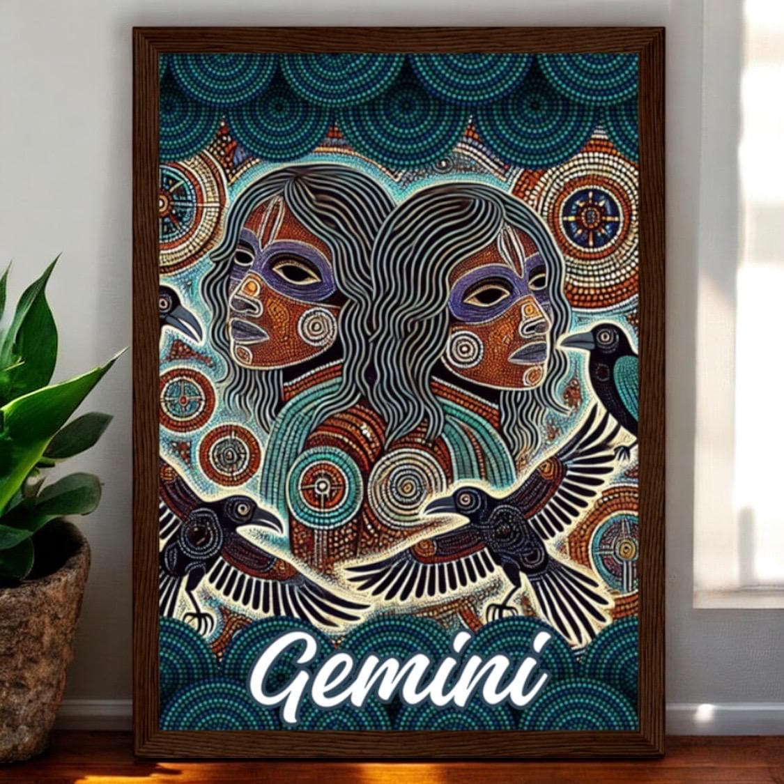 Gemini Twin Boys With Crow Aboriginal Zodiac Dot Art Wooden Framed