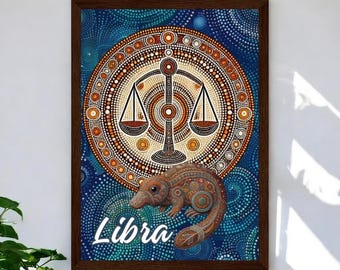 Libra Scales with Platypus Aboriginal Dot Art wood framed print