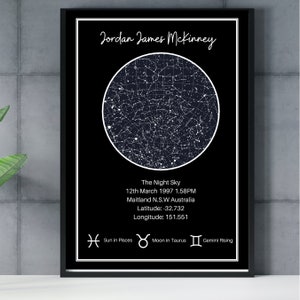 Mapa de estrellas del cielo nocturno personalizado: descarga, impresiones o impresiones enmarcadas. Regalo personalizado en blanco y negro