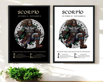 Scorpio Zodiac Ruler Vidal Viking God of Vengeance with Scorpio Runes on a Black or white background. Printable, Printed Or Wood Framed Prin