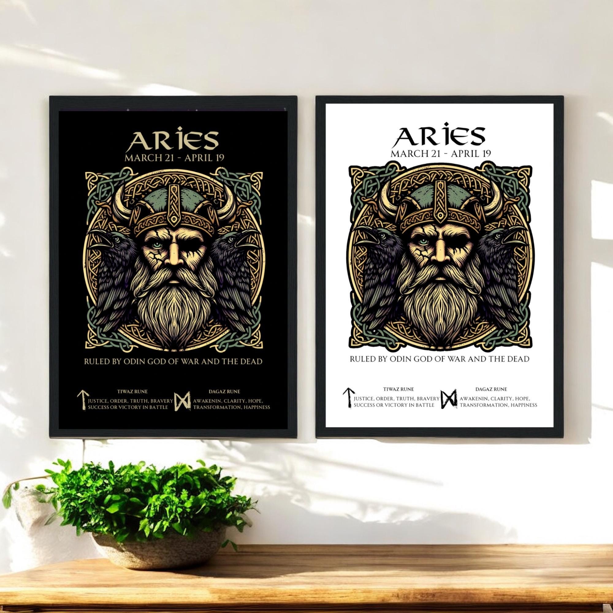 Aries Zodiac Viking God  Odin with ravens and Runes. Black or white background. Printable, Printed Or Wood Framed Print.