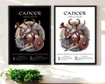 Cancer Zodiac Viking God Heimdall guardian of Asgard with  Runes. Black or white background. Printable, Printed Or Wood Framed Print.