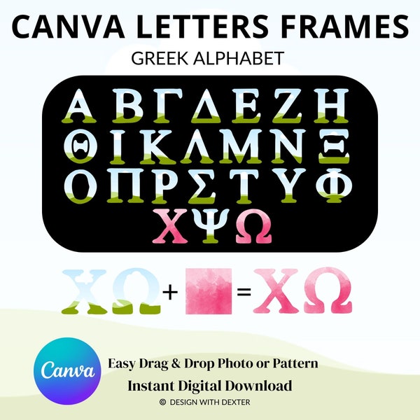 Canva Frames Greek Letters, Editable Canva Frame Alphabet, Easy Drag and Drop Photos, Commercial Use, Customized PNG Clipart