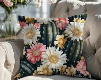 Vintage Floral Cactus Pillow: Double-Sided Poly Canvas Cushion