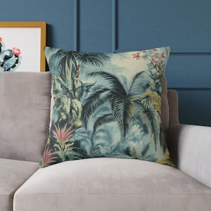Vintage Botanical Rainforest Cushion: Mid-Century Palm Print, Double-Sided