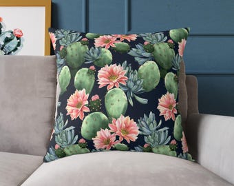 Watercolor Cactus Pillow: Green Cacti & Pink Flowers, Double-Sided Print