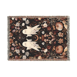 Cozy Gothic Halloween Woven Blanket with Ghost Couple, Cute Cottagecore Tapestry Throw for Autumn Decor and Spooky Home Style, House Gift