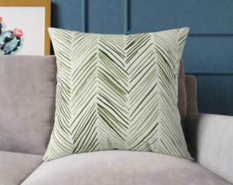 Sage Green Herringbone Cushion: Scandi Minimalist Pillow, Double-Sided Print
