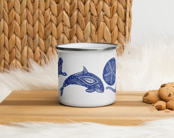 Scandinavian Animal Enamel Mug | Salish Sea Creatures Mug | Camping Mug | PNW Outdoor Cup