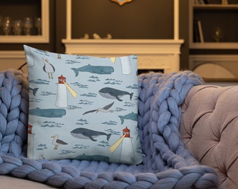 Ocean Pattern Premium Pillow | Whale and Lighthouse Throw Pillow | PNW Ocean Artwork