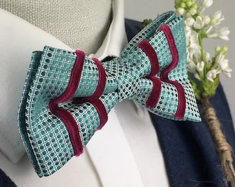 Teal Green, Velvet Stripe wedding Bow Tie - Made in England