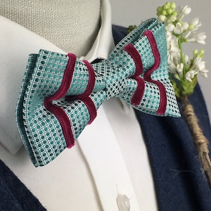 Teal Green, Velvet Stripe wedding Bow Tie - Made in England