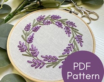PDF Pattern, Lavender Wreath Embroidery, Botanical Design, Embroidery Pattern