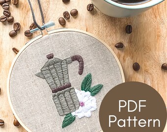 PDF Pattern, Espresso Maker, Coffee Embroidery, Café, Embroidery Pattern