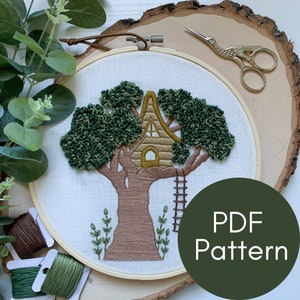 PDF Pattern, Treehouse, Embroidery Pattern, Woodland Design, Forest, Video Tutorials