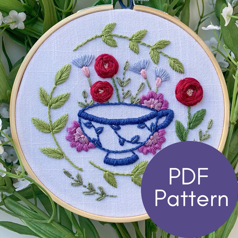 Teacup Hand Embroidery Pattern Tea Party Garden Party Etsy