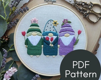 PDF Pattern, Garden Gnomes, Spring Embroidery, PDF Pattern