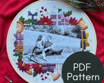 PDF Pattern, Christmas Embroidery, 4x6" Frame, Poinsettias, Photo Memory, Embroidery Pattern