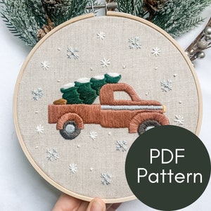 PDF Pattern, Truck With Tree, Christmas Embroidery, Embroidery Pattern, Video Tutorials