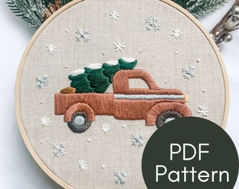 PDF Pattern, Truck With Tree, Christmas Embroidery, Embroidery Pattern, Video Tutorials