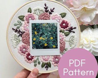 PDF Pattern, Floral Embroidery, Classic Polaroid Frame, Photo Memory, Wedding Flowers, Anniversary Gift